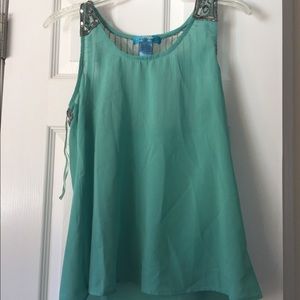 Teal sheer tank top with sequin back